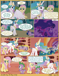 Size: 2550x3300 | Tagged: safe, artist:j5a4, imported from derpibooru, fluttershy, princess celestia, spike, twilight sparkle, alicorn, dragon, pegasus, pony, comic:the rose of life, bed, comic, female, levitation, magic, male, mare, telekinesis