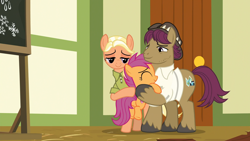 Size: 1920x1080 | Tagged: safe, imported from derpibooru, screencap, mane allgood, scootaloo, snap shutter, earth pony, pegasus, pony, the last crusade, clothes, cutie mark, eyes closed, family, father and daughter, female, filly, foal, hat, hug, long time no see, male, mare, mother and daughter, ponyville schoolhouse, scootaloo's parents, scootalove, shirt, stallion, the cmc's cutie marks, trio