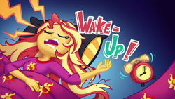 Size: 1280x720 | Tagged: safe, imported from derpibooru, screencap, sunset shimmer, equestria girls, equestria girls series, wake up!, spoiler:choose your own ending (season 2), spoiler:eqg series (season 2), alarm clock, background pony meltdown in the comments, clock, clothes, cute, cyoa, drool, graveyard of comments, pajamas, shimmerbetes, sleeping, snoring, solo, title card