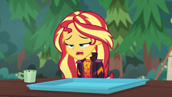 Size: 1280x720 | Tagged: safe, imported from derpibooru, screencap, sunset shimmer, equestria girls, equestria girls series, wake up!, spoiler:choose your own ending (season 2), spoiler:eqg series (season 2), coffee cup, coffee mug, cup, cyoa, mug, solo, tired, tray, wake up!: pinkie pie