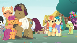 Size: 1920x1080 | Tagged: safe, imported from derpibooru, screencap, aunt holiday, auntie lofty, chipcutter, granny smith, mane allgood, mercury, scootaloo, snap shutter, starry eyes (character), sugar belle, earth pony, pegasus, pony, unicorn, the last crusade, balloon, best friends, butt, clothes, confetti, cutie mark, female, filly, foal, holding hooves, hug, lesbian, lofty day, male, mare, plot, scarf, scootalove, shipping, stallion, streamers, sweater, the cmc's cutie marks, unshorn fetlocks