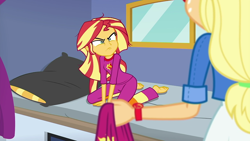 Size: 1280x720 | Tagged: safe, imported from derpibooru, applejack, sunset shimmer, equestria girls, equestria girls series, wake up!, spoiler:choose your own ending (season 2), spoiler:eqg series (season 2), barefoot, clothes, cute, cyoa, feet, grumpy, messy hair, pajamas, shimmerbetes, shrunken pupils, wake up!: applejack