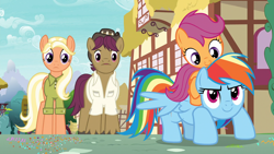 Size: 1920x1080 | Tagged: safe, imported from derpibooru, screencap, mane allgood, rainbow dash, scootaloo, snap shutter, pegasus, pony, the last crusade, clothes, female, filly, foal, group, hat, male, mare, ponies riding ponies, quartet, riding, scootaloo riding rainbow dash, scootalove, shirt, siblings, sisters, stallion