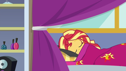 Size: 1280x720 | Tagged: safe, imported from derpibooru, sunset shimmer, equestria girls, equestria girls series, wake up!, spoiler:choose your own ending (season 2), spoiler:eqg series (season 2), bed, clothes, cute, pajamas, shimmerbetes, sleeping