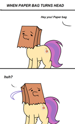 Size: 1016x1664 | Tagged: safe, artist:pencil bolt, imported from derpibooru, oc, oc:paper bag, earth pony, pony, comic, female, head turn, paper bag, reality ensues, turned head