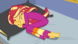 Size: 1280x720 | Tagged: safe, imported from derpibooru, screencap, sunset shimmer, equestria girls, equestria girls series, wake up!, spoiler:choose your own ending (season 2), spoiler:eqg series (season 2), barefoot, clothes, curled toes, cyoa, feet, female, midriff, pajamas, sleepy, solo, toe curl, wake up!: applejack