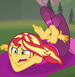 Size: 636x650 | Tagged: safe, imported from derpibooru, screencap, sunset shimmer, equestria girls, equestria girls series, wake up!, spoiler:choose your own ending (season 2), spoiler:eqg series (season 2), animation error, ankles, barefoot, clothes, cropped, cyoa, feet, female, horse on a bike, pants, phone, sleeveless, spread toes, tangled up, tanktop, update, wake up!: rainbow dash, yoga, yoga mat, yoga pants