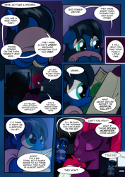 Size: 2480x3508 | Tagged: safe, artist:dsana, imported from derpibooru, fizzlepop berrytwist, tempest shadow, oc, oc:lullaby dusk, pegasus, pony, unicorn, comic:a storm's lullaby, broken horn, comic, dialogue, duo, eye scar, female, filly, heterochromia, horn, hotel room, map, mare, scar