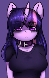 Size: 1355x2151 | Tagged: safe, artist:duop-qoub, imported from derpibooru, twilight sparkle, alicorn, anthro, descended twilight, bags under eyes, clothes, collar, female, mare, shirt, solo, t-shirt, twilight sparkle (alicorn)