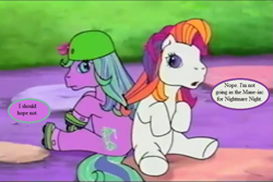 Size: 757x506 | Tagged: safe, edit, edited screencap, imported from derpibooru, screencap, scooter sprite, sunny daze (g3), pony, dancing in the clouds, dialogue, g3, hat, roller skates, speech bubble, tangled manes