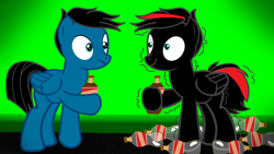 Size: 3840x2160 | Tagged: safe, artist:agkandphotomaker2000, imported from derpibooru, oc, oc:arnold the pony, oc:pony video maker, pegasus, pony, hyperactive, jitters, needs more saturation, red and black oc, soda, soda bottle, sugar rush