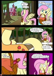 Size: 905x1280 | Tagged: safe, artist:teabucket, imported from derpibooru, applejack, fluttershy, earth pony, pegasus, pony, comic:poison apple, apple, apple tree, appleshy, basket, c:, comic, female, food, lesbian, mare, mouth hold, nervous, patreon, patreon logo, picnic basket, potion, shipping, shrunken pupils, smiling, sweet apple acres, thought bubble, tree, wavy mouth