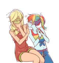 Size: 1300x1400 | Tagged: safe, artist:dcon, imported from derpibooru, applejack, rainbow dash, human, equestria girls, equestria girls series, spring breakdown, spoiler:eqg series (season 2), appledash, belly button, eyes closed, female, heart, legs, lesbian, seasickness, shipping, sleeveless