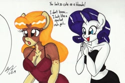 Size: 2534x1686 | Tagged: safe, artist:newyorkx3, imported from derpibooru, rarity, oc, oc:crystal, anthro, alternate hair color, anthro oc, blonde, busty crystal, clothes, dialogue, female, traditional art