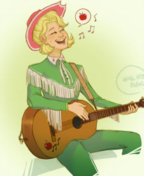 Size: 600x730 | Tagged: safe, artist:22dots22, artist:gloomy-doom, imported from derpibooru, applejack, human, sparkle's seven, apple chord, eyes closed, female, guitar, humanized, singing, solo