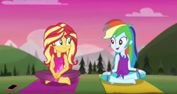 Size: 1304x692 | Tagged: safe, imported from derpibooru, screencap, rainbow dash, sunset shimmer, equestria girls, equestria girls series, wake up!, spoiler:choose your own ending (season 2), spoiler:eqg series (season 2), animated, barefoot, cellphone, clothes, feet, female, flexible, phone, wake up!: rainbow dash, yoga