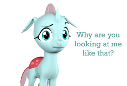 Size: 1602x1080 | Tagged: safe, artist:pika-robo, imported from derpibooru, ocellus, changedling, changeling, 3d, female, looking at you, pony eyes, pony eyes edit, raised eyebrow, simple background, source filmmaker, talking to viewer, text, transparent background, uncanny valley