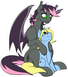 Size: 1698x1920 | Tagged: safe, artist:acesential, deleted from derpibooru, imported from derpibooru, oc, oc:art's desire, oc:quill, bat pony, pony, unicorn, bat pony oc, cuddling, female, mare, size difference, smol, spooning
