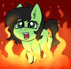 Size: 1140x1115 | Tagged: safe, artist:duop-qoub, artist:smoldix, edit, imported from derpibooru, oc, oc only, oc:filly anon, earth pony, pony, ear fluff, female, filly, fire, irrational exuberance, looking up, open mouth, simple background, smiling