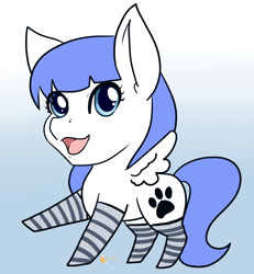 Size: 1800x1950 | Tagged: safe, artist:lupie1324, imported from derpibooru, oc, oc only, oc:snow pup, pegasus, pony, chibi, clothes, gradient background, paw prints, socks, solo, striped socks