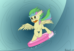 Size: 2000x1400 | Tagged: safe, artist:rubiont, derpibooru exclusive, imported from derpibooru, oc, oc only, oc:flavorful sweets, pegasus, pony, candy, food, happy, pegasus oc, solo, sports, spread legs, spread wings, spreading, surfing, tongue out, water, wings