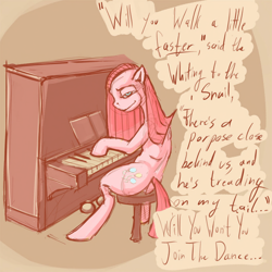 Size: 1024x1024 | Tagged: safe, artist:kvernikovskiy, imported from derpibooru, pinkie pie, pony, female, mare, musical instrument, piano, pinkamena diane pie, simple background, sitting, solo, starvation, text