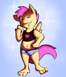 Size: 1091x1280 | Tagged: safe, artist:squeakydweeb, imported from derpibooru, scootaloo, anthro, plantigrade anthro, belly button, clothes, female, filly, one eye closed, shorts, solo, sports bra, tanktop, wink