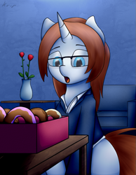 Size: 635x818 | Tagged: safe, artist:kripperok, imported from derpibooru, oc, oc:diamond gavel, unicorn, clothes, couch, donut, fanart, female, flower, food, glasses, jacket, mare, rose, sitting, table, vase