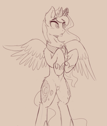 Size: 1319x1554 | Tagged: safe, artist:arjinmoon, derpibooru exclusive, edit, imported from derpibooru, princess luna, alicorn, pony, belly button, bipedal, chest fluff, crown, cute, eye clipping through hair, female, hoof shoes, jewelry, lineart, lunabetes, mare, monochrome, nudity, open mouth, peytral, pubic fluff, regalia, simple background, sketch, solo, spread wings, standing, wings