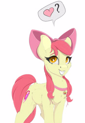 Size: 1725x2500 | Tagged: safe, artist:skitsniga, artist:skitsroom, imported from derpibooru, apple bloom, earth pony, pony, adorabloom, bow, collar, cute, cutie mark, female, grin, hair bow, heart, looking at you, older, older apple bloom, pictogram, question mark, smiling, solo, the cmc's cutie marks