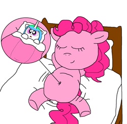 Size: 1024x1005 | Tagged: safe, artist:measffymon-sarah, imported from derpibooru, pinkie pie, princess celestia, alicorn, earth pony, pony, bed, eaten alive, eyes closed, fetish, macro/micro, micro, pillow, pinkie pred, preylestia, sleeping, story included, vore