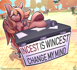 Size: 2500x2278 | Tagged: safe, artist:sugarlesspaints, imported from derpibooru, gilda, lyra heartstrings, rainbow dash, twilight sparkle, oc, oc:copper crescendo, pegasus, pony, :3, background pony, change my mind, coffee, coffee mug, female, hoofs on table, hooves up, implied cloudchaser, implied incest, implied princess celestia, incest is wincest, looking at you, mare, meme, mug, silhouette, sitting, smug, solo focus, table, text, underhoof
