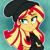 Size: 900x900 | Tagged: dead source, safe, artist:sirenvibes, imported from derpibooru, sunset shimmer, equestria girls, beanie, bust, clothes, crossed arms, female, freckles, geometric background, hat, jacket, peppered bacon, portrait, smug, solo