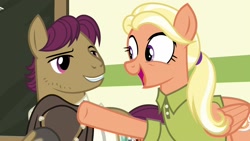 Size: 1920x1080 | Tagged: safe, imported from derpibooru, screencap, mane allgood, snap shutter, earth pony, pegasus, pony, the last crusade, chalkboard, clothes, duo, female, hat, husband and wife, male, mare, open mouth, ponyville schoolhouse, raised hoof, scootaloo's parents, shirt, stallion, underhoof