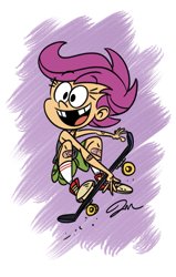 Size: 817x1284 | Tagged: safe, artist:jmdoodle, imported from derpibooru, scootaloo, human, bandaid, bandaid on nose, female, humanized, missing teeth, skateboard, solo, style emulation, the loud house