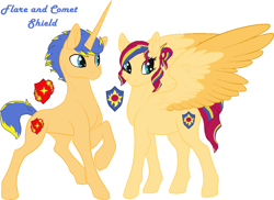 Size: 1213x885 | Tagged: safe, artist:maria65, imported from derpibooru, oc, oc only, oc:comet shield, oc:flare shield, pegasus, pony, unicorn, cutie mark, female, male, mare, offspring, parent:flash sentry, parent:sunset shimmer, parents:flashimmer, simple background, spread wings, stallion, two toned wings, white background, wings