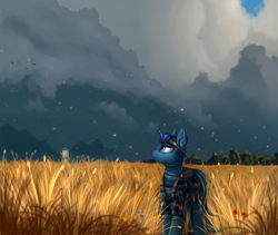 Size: 1900x1604 | Tagged: safe, artist:lightly-san, imported from derpibooru, oc, oc only, oc:flint, pony, unicorn, clothes, cloud, commission, dark clouds, field, goggles, scenery, sky