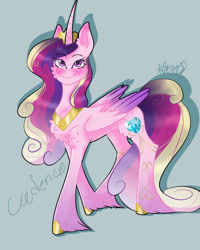 Size: 1280x1600 | Tagged: safe, artist:alexaart13, imported from derpibooru, princess cadance, alicorn, pony, blushing, cheek fluff, chest fluff, crown, cute, cutedance, ear fluff, female, gray background, hoof shoes, jewelry, leg fluff, mare, regalia, simple background, solo, unshorn fetlocks