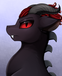 Size: 1446x1764 | Tagged: safe, artist:pridark, imported from derpibooru, oc, oc only, dracony, hybrid, bust, commission, gradient background, horns, portrait, red eyes, simple background, solo