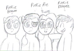 Size: 736x512 | Tagged: safe, artist:cartoondude95, imported from derpibooru, pinkie pie, oc, oc:bigsmiles123, oc:cartoondude95, oc:jonathanelrod, pony, sketch, traditional art