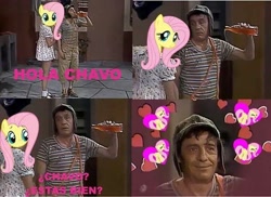 Size: 720x524 | Tagged: safe, artist:andrestoons, edit, imported from derpibooru, fluttershy, human, pegasus, pony, crossover, dialogue, el chavo, el chavo del 8, irl, irl human, maggie vera, photo, spanish, translated in the comments, voice actor joke