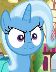 Size: 565x722 | Tagged: source needed, useless source url, safe, edit, edited screencap, imported from derpibooru, screencap, trixie, pony, student counsel, >:), cropped, evil grin, grin, inverted mouth, meme, smiling, smirk, special eyes, stare, trixie is amused