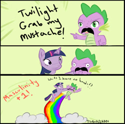 Size: 679x675 | Tagged: safe, artist:tsubukisan, imported from derpibooru, spike, twilight sparkle, dragon, pony, unicorn, artifact, comic, duo, facial hair, grab my meme, masculine, meme, moustache, number 25, rainbow, unicorn twilight