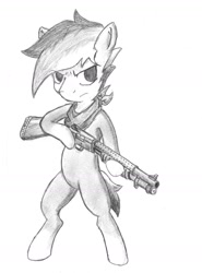 Size: 1046x1414 | Tagged: safe, artist:spackle, imported from derpibooru, oc, oc only, oc:buck evergreen, earth pony, pony, 12 gauge, bandana, bipedal, grayscale, gun, hoof hold, male, monochrome, mossberg 590a1, pencil drawing, shotgun, simple background, solo, stallion, traditional art, weapon, white background, who needs trigger fingers