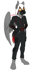 Size: 541x988 | Tagged: safe, artist:redxbacon, imported from derpibooru, oc, oc only, oc:shadow beat, anthro, pegasus, unguligrade anthro, anthro oc, assassin's creed, cargo pants, clothes, fingerless gloves, gas mask, gloves, goggles, hand on hip, hood, hoodie, male, mask, pants, simple background, solo, uniform, white background, wings