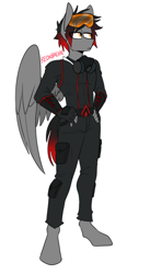 Size: 541x988 | Tagged: safe, artist:redxbacon, imported from derpibooru, oc, oc only, oc:shadow beat, anthro, pegasus, unguligrade anthro, amber eyes, anthro oc, assassin's creed, cargo pants, clothes, fingerless gloves, gas mask, gloves, goggles, hand on hip, hoodie, male, mask, pants, simple background, solo, uniform, white background, wings