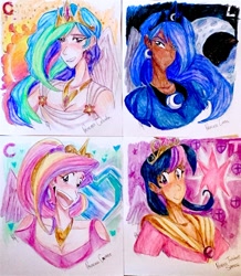 Size: 1280x1471 | Tagged: safe, artist:artfrog75, imported from derpibooru, princess cadance, princess celestia, princess luna, twilight sparkle, alicorn, human, alicorn tetrarchy, dark skin, humanized, traditional art, twilight sparkle (alicorn), wall smath