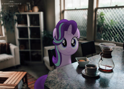 Size: 1192x853 | Tagged: safe, artist:mrlolcats17, imported from derpibooru, starlight glimmer, pony, unicorn, breakfast, chair, coffee, cute, drink, food, glimmerbetes, indoors, irl, irl pony, morning, photo, ponies in real life, room, sitting, smiling, solo, table