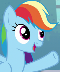 Size: 583x699 | Tagged: safe, imported from derpibooru, screencap, rainbow dash, pegasus, pony, newbie dash, alternate hairstyle, ashleigh ball, behaving like applejack, bust, cropped, cute, dashabetes, female, forthright filly, mane swap, mare, open mouth, raised hoof, smiling, solo, voice actor joke