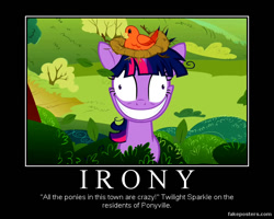 Size: 600x480 | Tagged: safe, edit, edited screencap, imported from derpibooru, screencap, twilight sparkle, pony, lesson zero, crazy face, demotivational poster, faic, female, grin, insanity, irony, meme, smiling, solo, twilight snapple